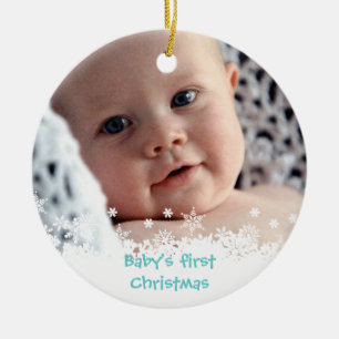 White snowflake blue gingerbread kid custom photo ceramic tree decoration