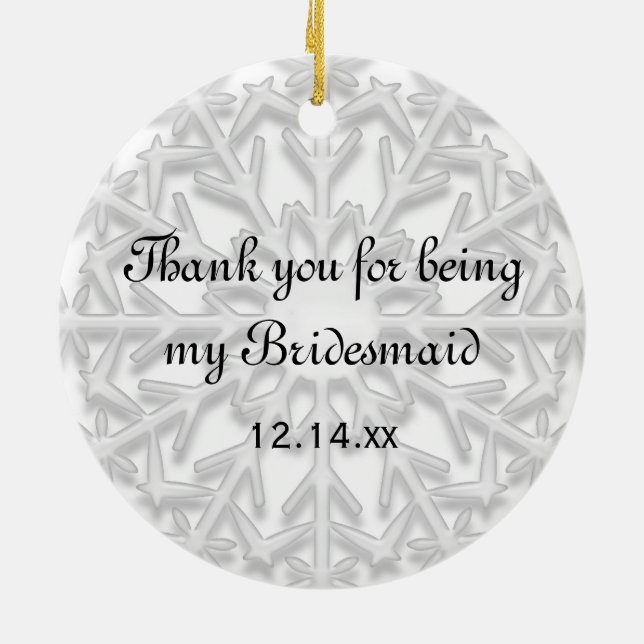 White Snowflake Bridesmaid Thank You Photo Ceramic Tree Decoration (Back)