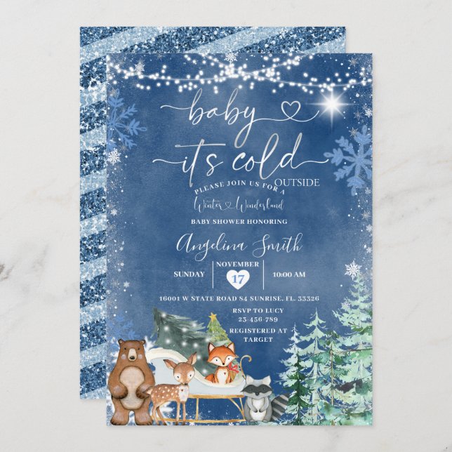  White Snowflake Cold Outside Tree Baby Shower Invitation (Front/Back)