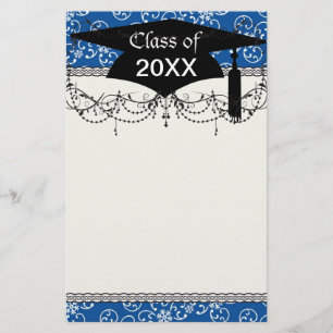 white snowflake damask on winter blue  graduation stationery