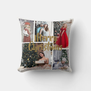 White SnowFlake Gold Merry Christma Photo Collage Cushion