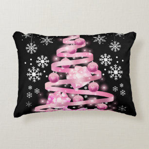 White Snowflake Light Pink Ribbon Christmas Tree   Decorative Cushion
