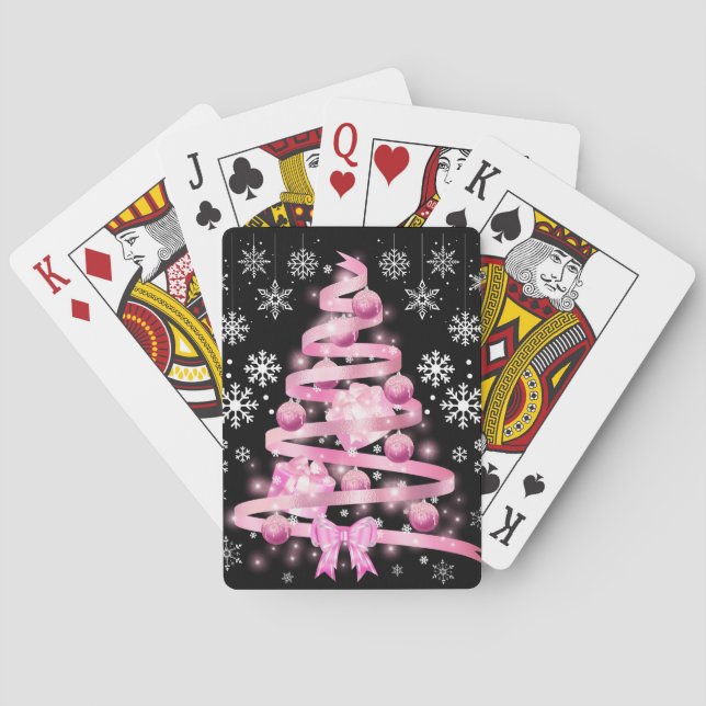 White Snowflake Light Pink Ribbon Christmas Tree  Playing Cards (Back)