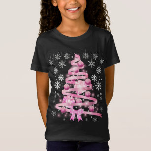 White Snowflake Light Pink Ribbon Christmas Tree T-Shirt