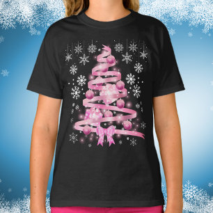 White Snowflake Light Pink Ribbon Christmas Tree   T-Shirt