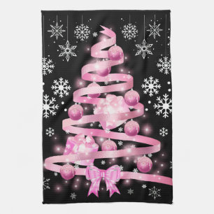 White Snowflake Light Pink Ribbon Christmas Tree  Tea Towel