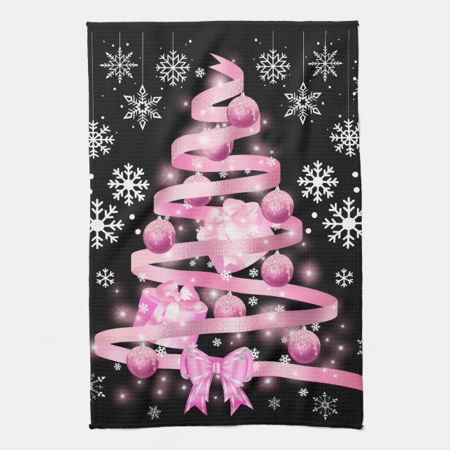 White Snowflake Light Pink Ribbon Christmas Tree  Tea Towel (Vertical)