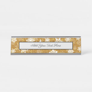 White Snowflake Luxurious Yellow Elegant Christmas Desk Name Plate