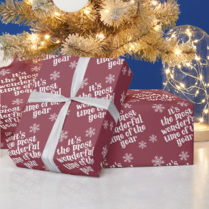 White Snowflake Most Wonderful Time Text on Maroon Wrapping Paper
