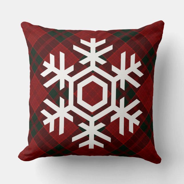 White Snowflake on a Christmas Red Tartan Pattern Cushion (Front)