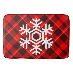 White Snowflake on a classic red tartan pattern Bath Mat