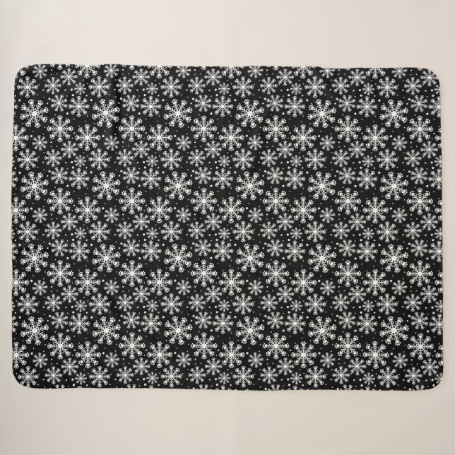 White Snowflake on black with paw print pattern Sherpa Blanket (Front (Horizontal))