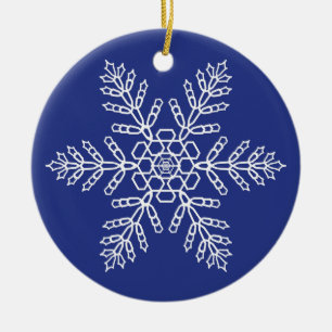 White Snowflake on Blue Background Ceramic Tree Decoration