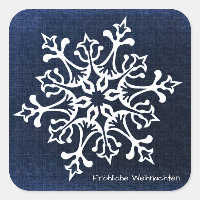 White Snowflake on Blue Fröhliche Weihnachten Square Sticker (Front)