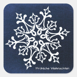 White Snowflake on Blue Fröhliche Weihnachten Square Sticker