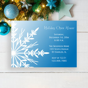 White Snowflake on Blue Holiday Open House Invitation
