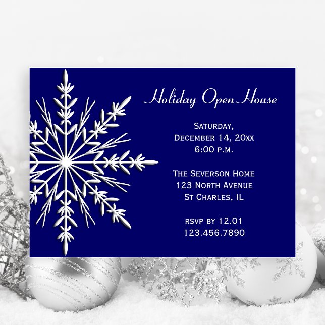 White Snowflake on Blue Holiday Open House Invitation (Creator Uploaded)