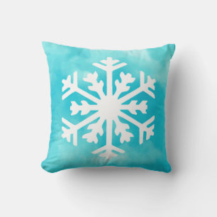 White snowflake on Blue Watercolor Background Cushion
