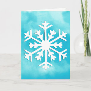 White snowflake on Blue Watercolor Background Holiday Card