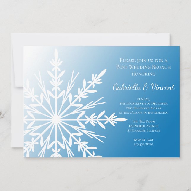 White Snowflake on Blue Winter Post Wedding Brunch Invitation (Front)