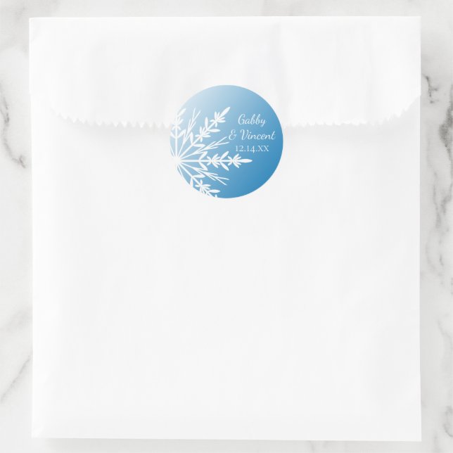 White Snowflake on Blue Winter Wedding Classic Round Sticker (Bag)