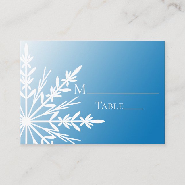 White Snowflake on Blue Winter Wedding Place Cards (Front)