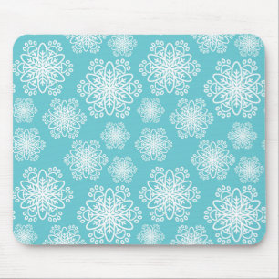 White Snowflake on blue with paw print pattern Mouse Mat