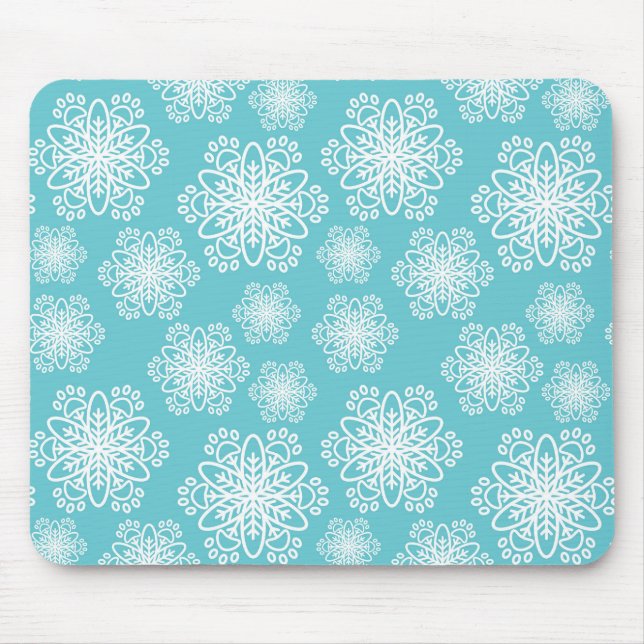 White  Snowflake on blue with paw print pattern Mouse Mat (Front)
