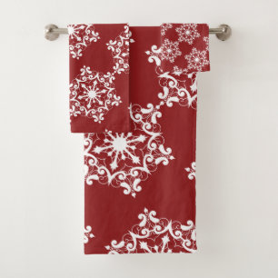White Snowflake On Crimson Red Bath Towel Set