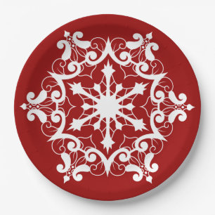 White Snowflake On Crimson Red Paper Plate