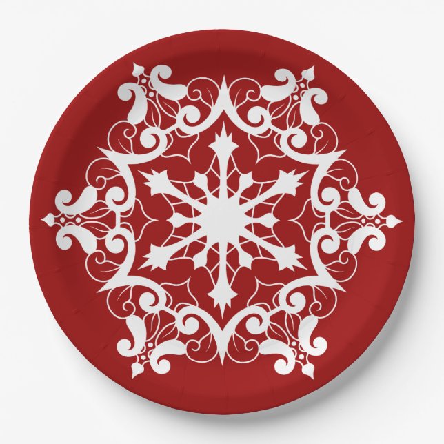 White Snowflake On Crimson Red Paper Plate (Front)