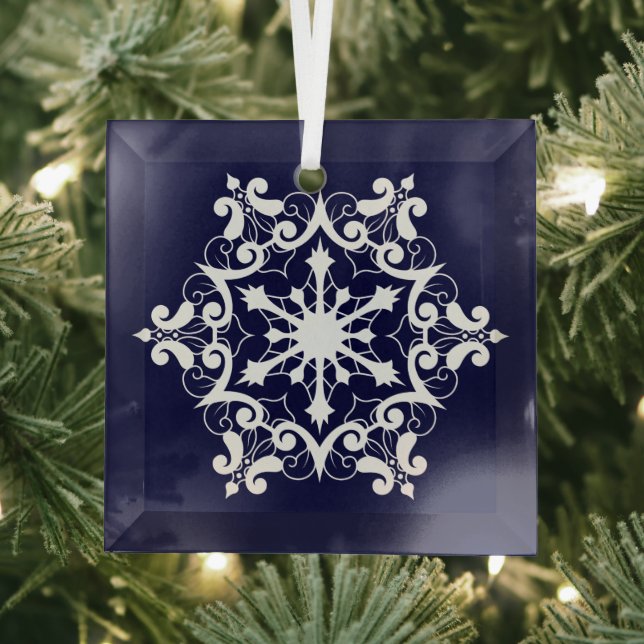 White Snowflake On Dark Blue Glass Ornament (Insitu)