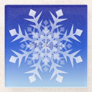 White Snowflake on Falling Snow Glass Coaster