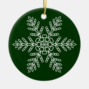 White Snowflake on Green Background Ceramic Tree Decoration
