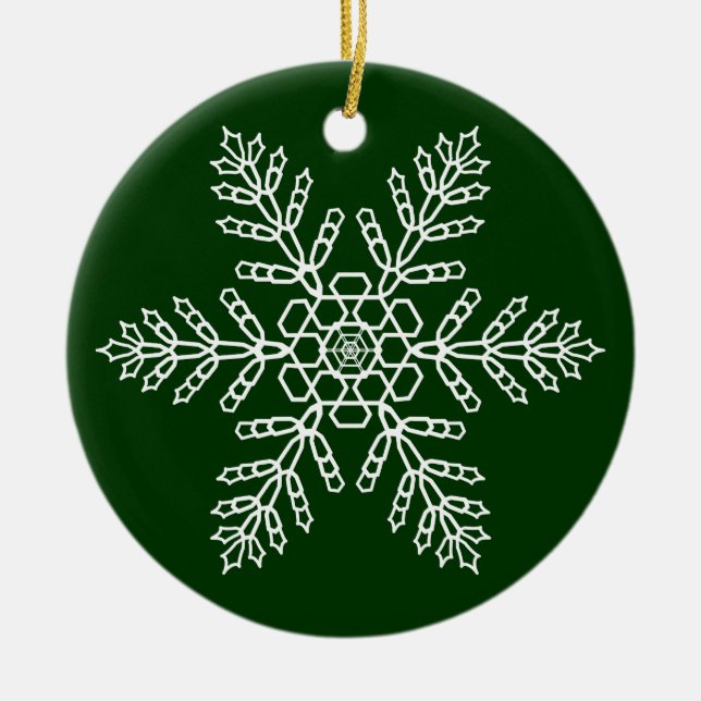 White Snowflake on Green Background Ceramic Tree Decoration (Front)