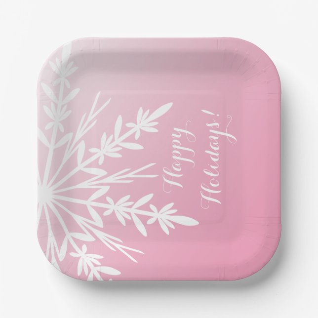 White Snowflake on Pink Happy Holidays Paper Plate (Front)