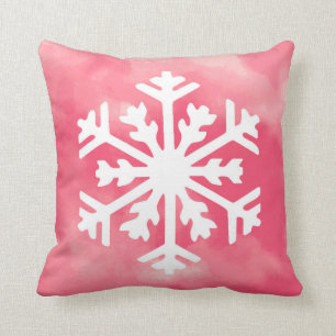 White snowflake on Pink Watercolor Background Cushion