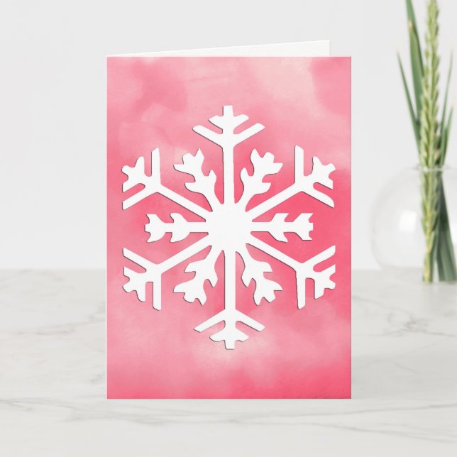 White snowflake on Pink Watercolor Background Holiday Card (Front)