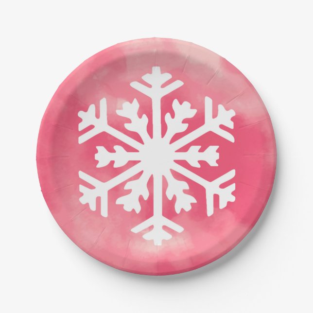 White snowflake on Pink Watercolor Background Paper Plate (Front)