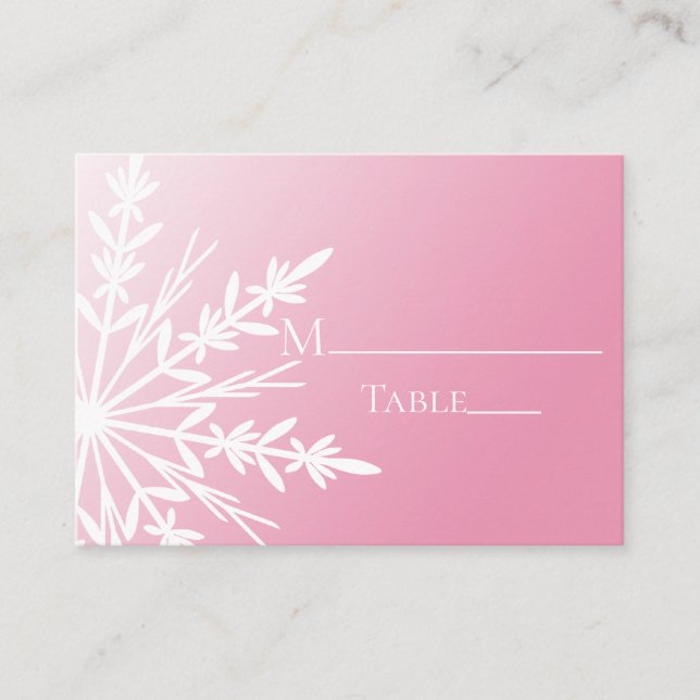 White Snowflake on Pink Winter Wedding Place Cards (Front)
