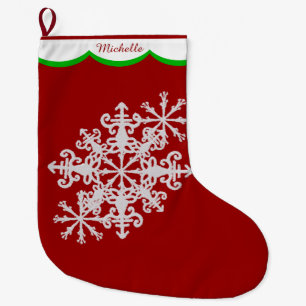 White Snowflake on Red Personalised Large Christmas Stocking