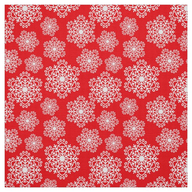 White Snowflake on red with paw print pattern Fabric (Swatch)