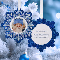 White Snowflake on Sparkly Blue Faux Glitter Photo