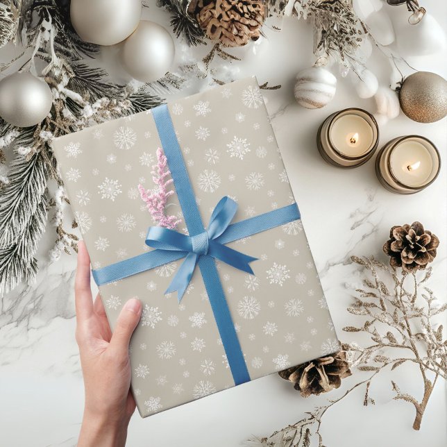 White Snowflake Pattern Christmas Holiday on Beige Wrapping Paper (Snowflake pattern beige Christmas Holiday wrapping paper)