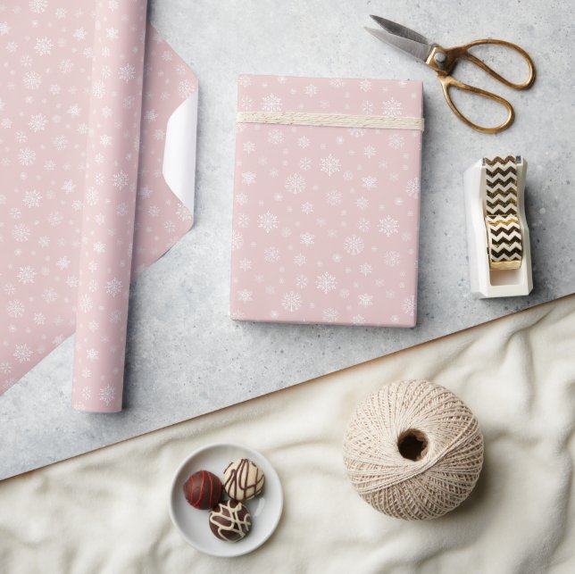 White Snowflake Pattern Christmas Holiday Pink Wrapping Paper (Crafts)