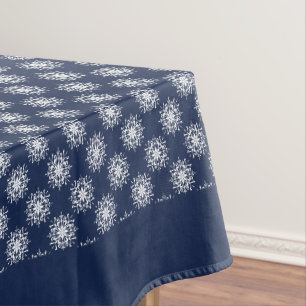 White Snowflake Pattern on a Midnight Blue Sky Tablecloth