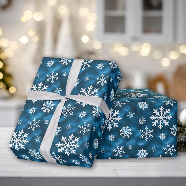White Snowflake Pattern On Blue Background Winter Wrapping Paper (Creator Uploaded)