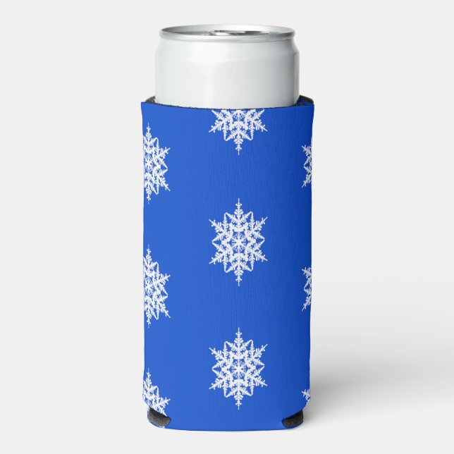 White snowflake pattern on blue seltzer can cooler (Seltzer Front)