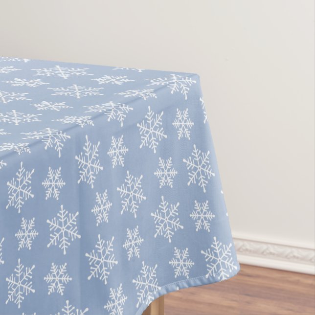 White Snowflake Pattern on Light Blue Tablecloth (In Situ)