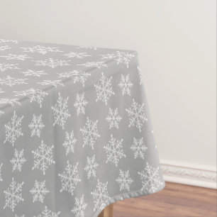 White Snowflake Pattern on Light Silver Grey Tablecloth